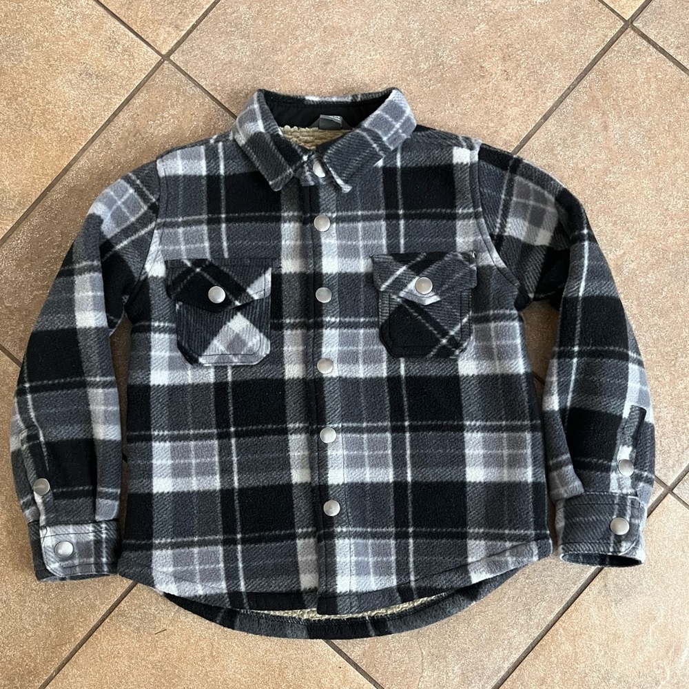 Eddie Bauer Kids Black Plaid Sherpa Lined Fleece Shirt Size 4/5